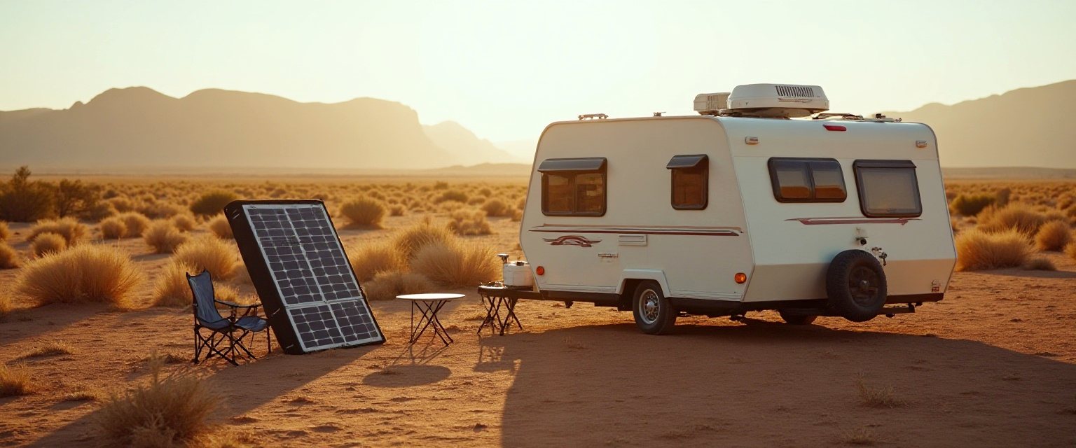 A travel trailer parked at a remote campsite at golden hour with a portable solar panel set up beside it